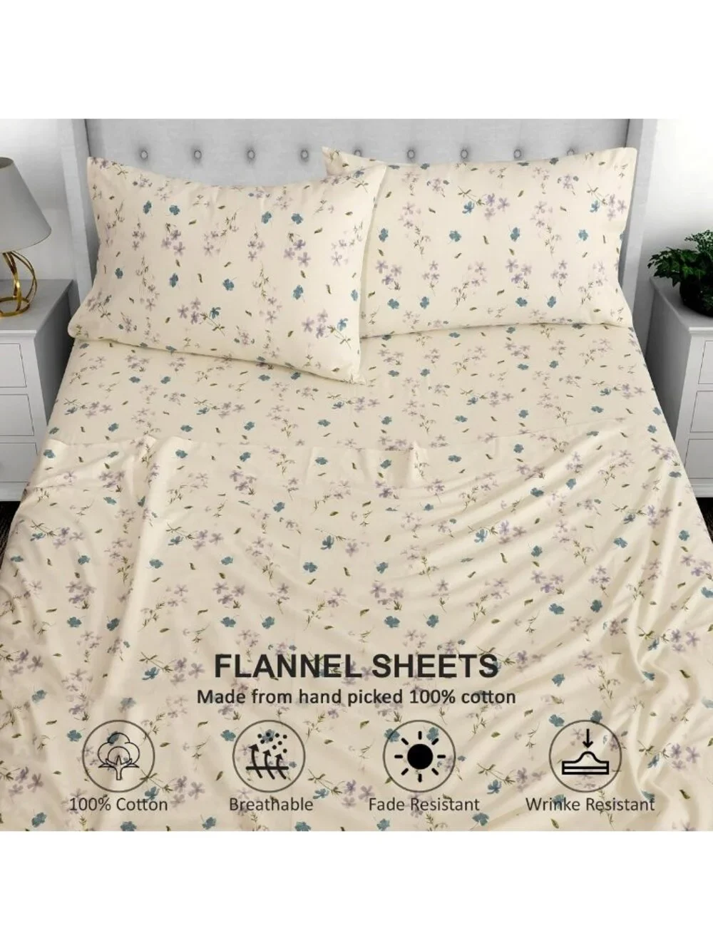 Cozy 100% Cotton Flannel Queen Sheet Set, 4 Pieces, Jasmine Floral Print